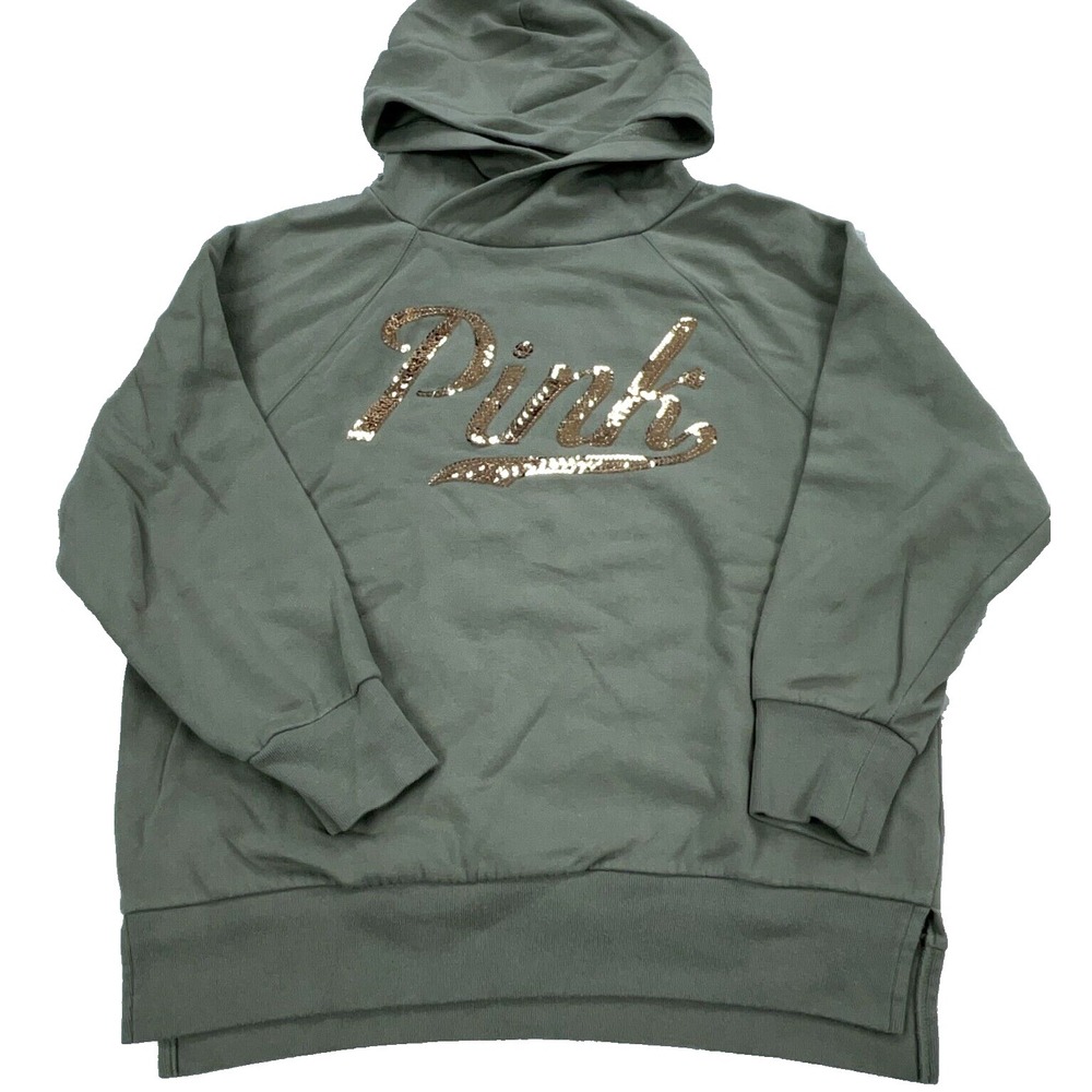 Victoria Secret Hoodie Women XS Green‎ Sweatshirt PINK Olive Sequin VTG Y2K